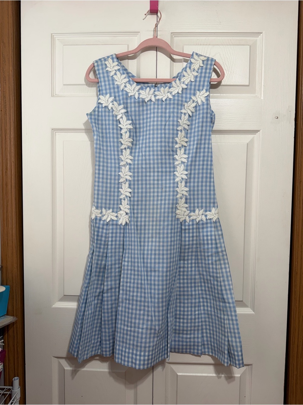 Vintage Gingham House Dress with White Floral Trim